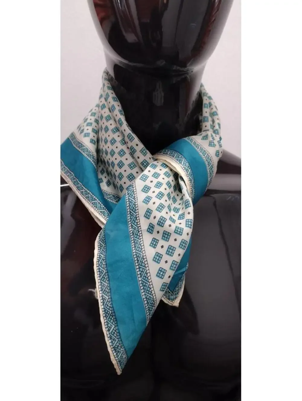 Vintage 1950s Neck Scarf Tiny Tetris Squares Teal Turquoise Rayon Unisex Scarf